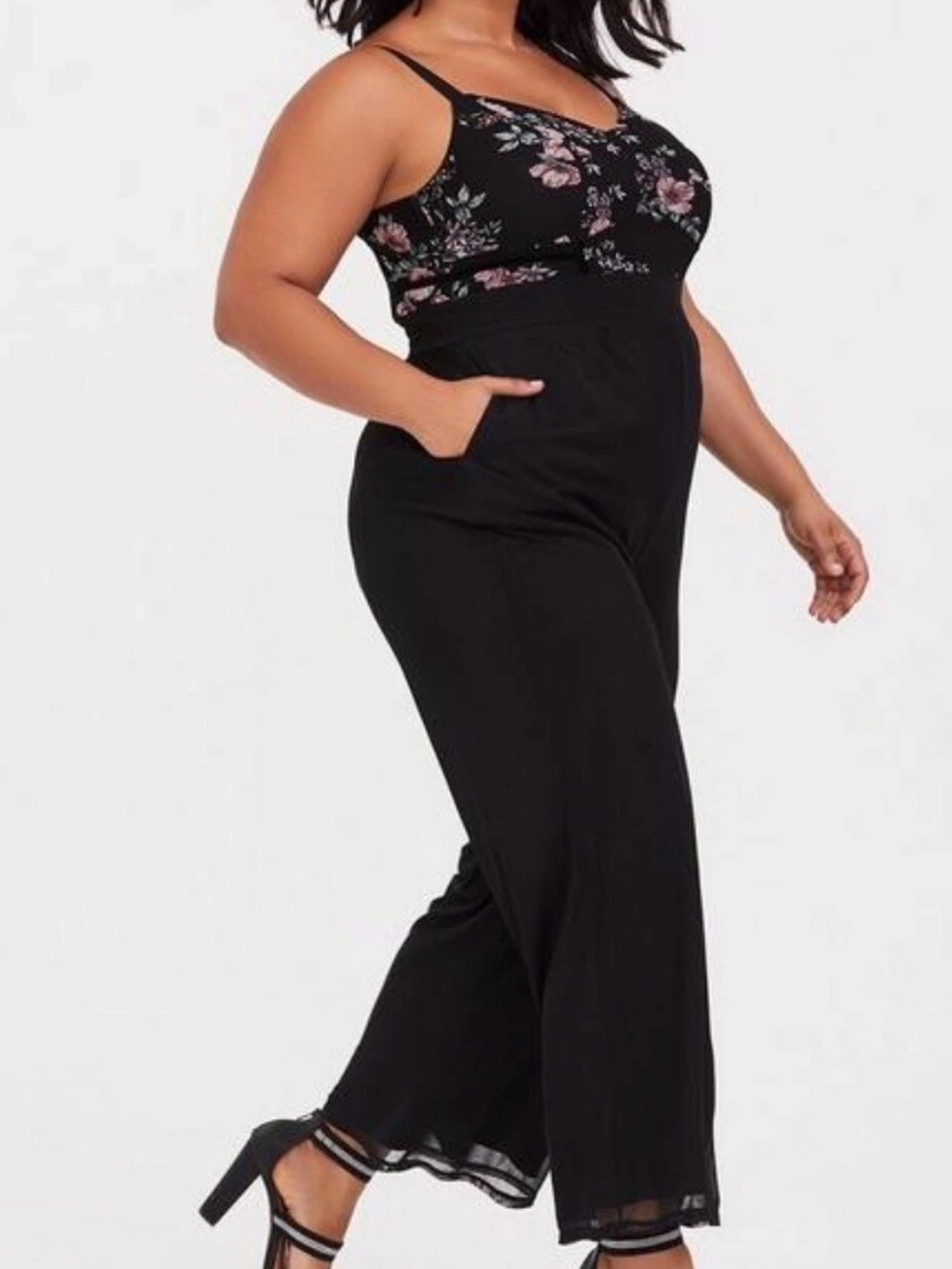Torrid Black Wide-Leg Jumpsuit with Pink Floral Bodice